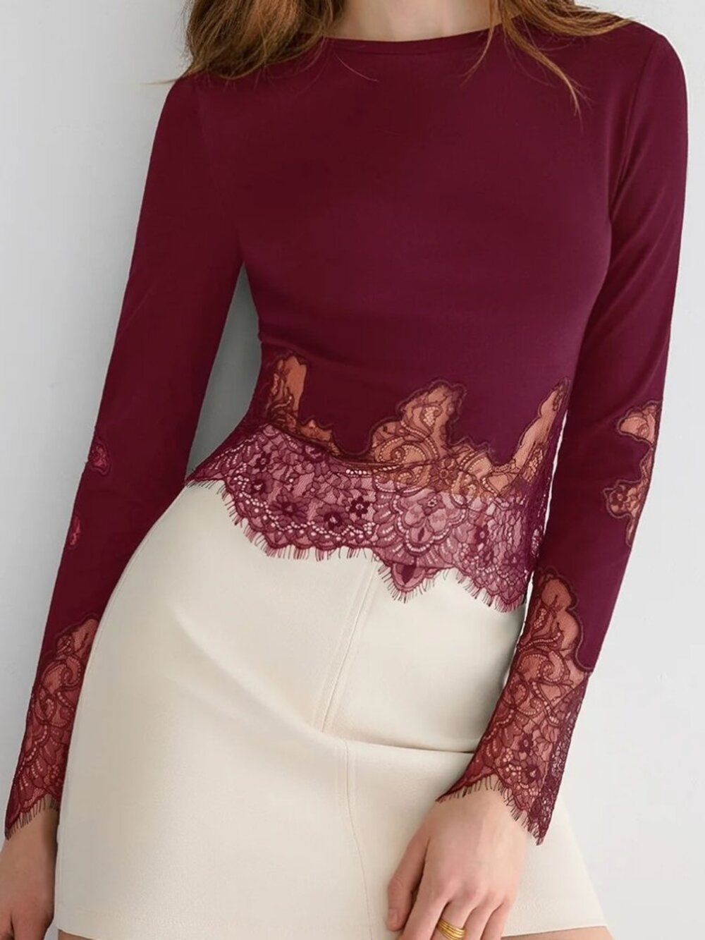 Commense Burgundy Lace Trim Scalloped Long Sleeve Shirt NWT Medium